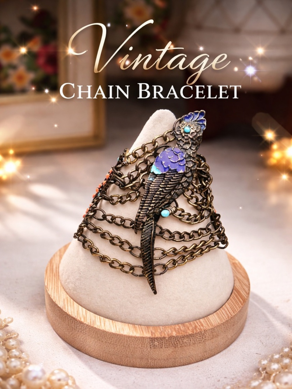 Vintage Parrot Enamel Charm Chain Statement Bracelet - Boho Eclectic